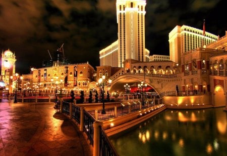 late night at the venetian hotel in vegas - night, hotel, canal, resort, bridge, lights