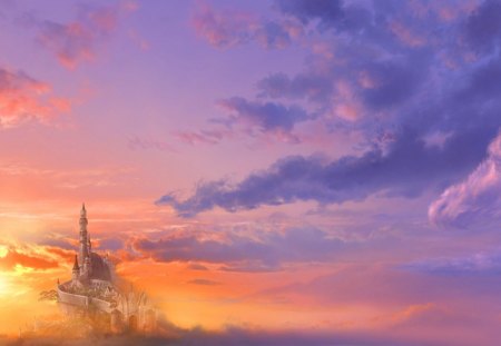 Castle in the Sky - sunrise, pink, imagination, fantasy, sunset, purple, princess, royal, fairy tale, sun, castle, sky