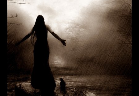 * - woman, rain, wp, bw, gothic, fantasy, crow, art, sepia