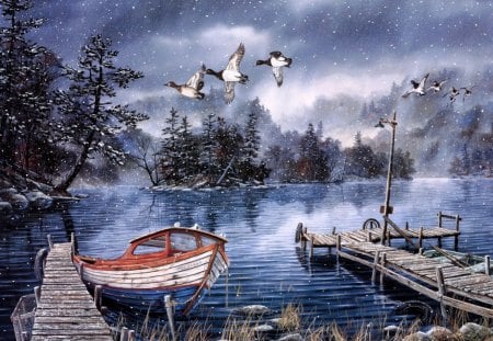 the first snow - lake, snow, wallpaper, other, boat