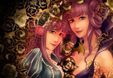 â˜… Two Girls Familiar â˜… - girls, woman, women, lips, female, roses, hair, eyes, pattern, wonderful, fantasy, face, amazing, art, cool, sisters, love, adorable, lovely, familiar, charm, together, beautiful, splendor, colors, friends, flowers, hugs