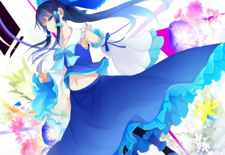 ~Beautiful Girl~ - long hair, pretty, blue outfit, flowers, anime, girl, colorful