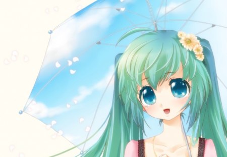 Hatsune Miku - anime, vocaloid, female, blossom, hatsune miku, green eyes, green hair, happy, umbrella, twin tails, anime girl, twintails, girl, flower, petals, smile, miku, cute, floral, vocaloids