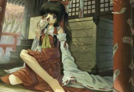 Reimu - stairs, female, mask, hot, anime girl, black hair, touhou, anime, reimu, ribbon, cute, purple eyes, talisman, sexy, girl, shrine maiden, long hair, hakurei reimu, staircase, dress