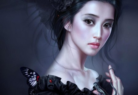 China Girl - nice, painting, abstract, girl, 3d, beautiful, black, fantasy