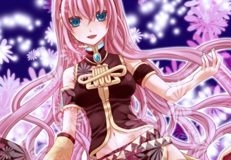 Luka - anime, vocaloid, female, blossom, pink, long hair, luka, superstar, pink hair, blue eyes, idol, abstract, anime girl, hot, singer, girl, flower, petals, diva, megurine luka, cute, floral, sexy, vocaloids