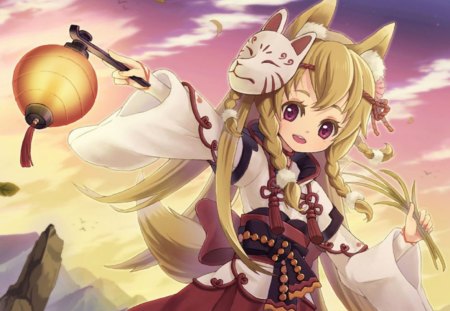 Nekomimi - anime, kawaii, female, windy, blonde, nekomimi, long hair, mask, sky, breeze, neko, anime girl, girl, blonde hair, lantern, red eyes, wind, braids, neko mimi, cloud, cute