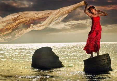 Cliff breezes - woman, ocean, red dress, evening, cliff, wind blown