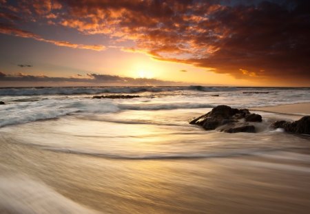 Sunset at the Sea - sky, sun, clouds, water, waves, coast