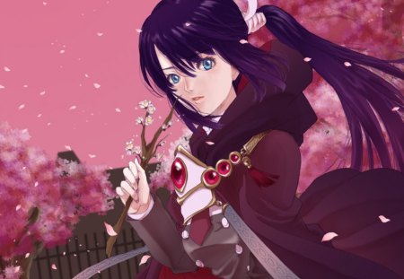 Red All Over - anime, elegant, female, blossom, windy, dress, long hair, gorgeous, red, ribbon, purple hair, blue eyes, breeze, anime girl, beautiful, hot, girl, beauty, lovely, sweet, flower, petals, bloom, wind, cute, floral, sexy