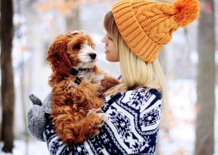 Girl and dog - pretty, pay, snow, dog face, playful dog, dogs, face, puppy, winter, beautiful, girl, beauty, puppies, lovely, sweet, playful, bubbles, cold, cute, animals