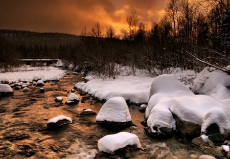 Winter Sunset - sky, landscape, winter, sunset, nature, view, forest, winter time, woods, clouds, snow, river, splendor, winter sunset, stones