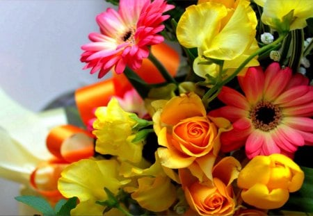 FLOWER BOUQUET - roses, flowers, bouquet, gerbera, nature, colors