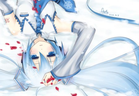 Snow Falling - red, rose, petals, vocaloid, rose petals, hatsune miku, snow, snow miku