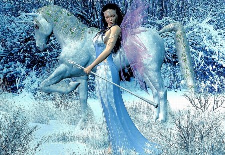 â˜…Snowflake Fairyâ˜… - magic wand, girls, frosty, animals, hair, eyes, wings, face, horses, white trees, amazing, grass, branches, tender touch, glanced, snowflakes, holidays, charm, beautiful, 3d, snow, seasons, women, travels, trees, lips, female, wonderful, fantasy, softness, dresses, angels, fairies, dazzlings, cute, splendid, jewelry, love, winter, lovely, splendor