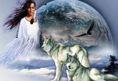 Mother Of The Animals - abstract, Indian maiden, fantasy, eagles, animals, wolves