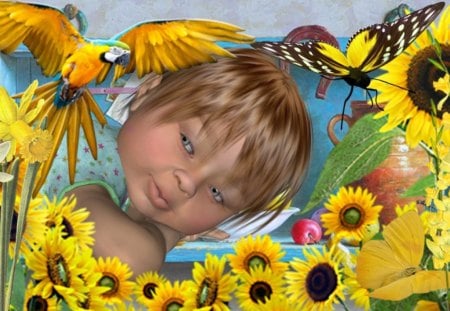 Sleep tight - sunflower, dreams, kid, yellow, boy, summer, bird