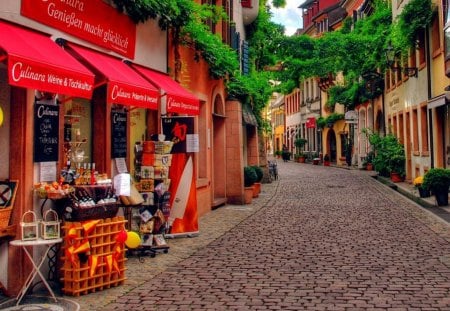 beautiful side street in germany - ivies, cobblestones, street, stres