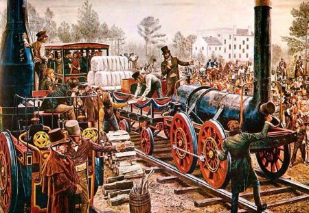 The first Train arrives - painting, locomotive, steam, people