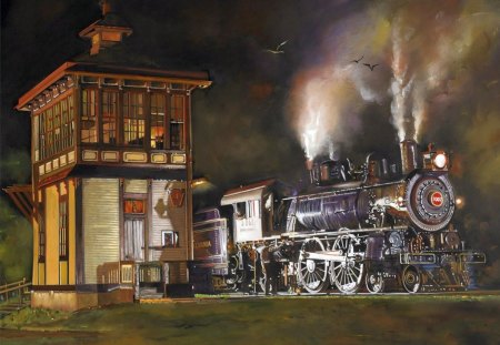 Leaving the Railway Station - painting, signal tower, locomotive, steam