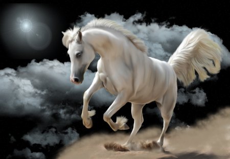 horse white - clouds, fantasy, white, horse