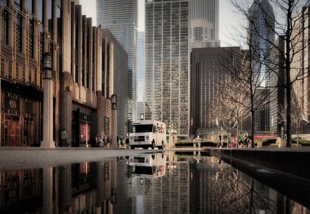 chicago reflected in a puddle - puddle, reflection, truck, city, skyscrapers