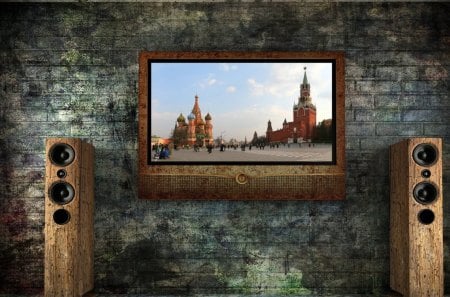 creative russian tv - picture, brick, speakers, tv, wall