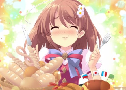 This is paradise! - girl, fork, anime, bread, knife, manga