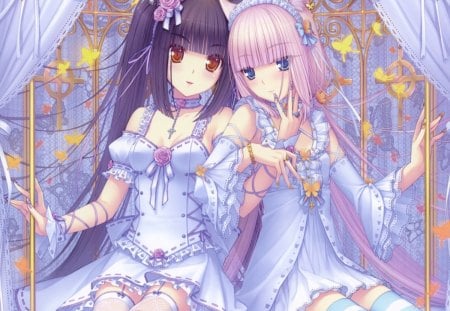 chocolat and vainilla - girls, animal ears, anime, white dress, manga