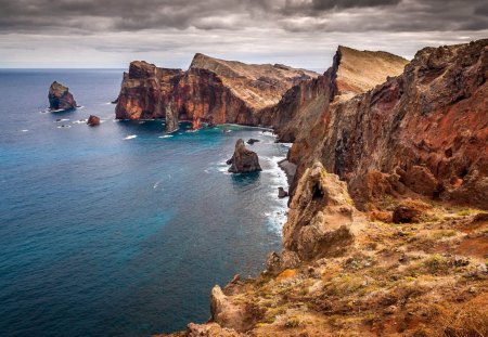 beautiful rugged sea coast - rocks, cliffs, clouds, coast, sea