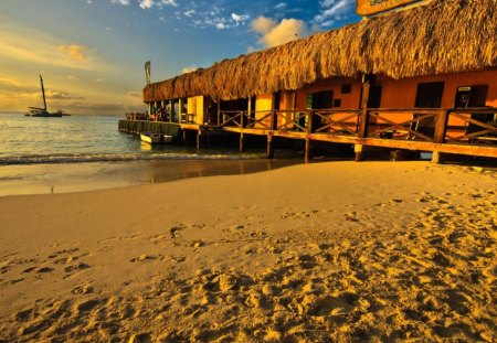 palm pier in aruba - stores, boat, beach, pier, sea