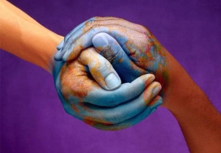 The World in our Hands - globe, kingdom, sea, handpaint