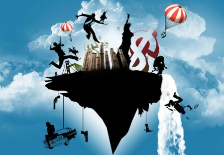 USA Clip Art - vector, sky, people, collage, waterfalls, money, statue of liberty, art, floating, clouds, island