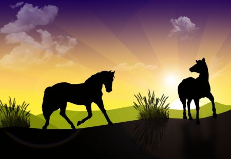 land scape with horses - horses, vector, horse, landscape, design, sunset