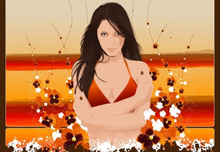 Earth Tones - flowers, lines, oranges, woman, bikini, plants, 3d, browns, stripes