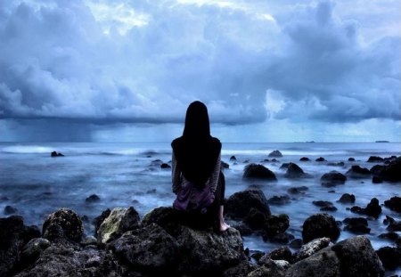 blublue - woman, sea, sad