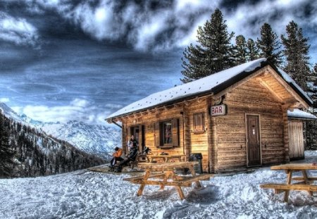 eight - cabin, trees, clouds