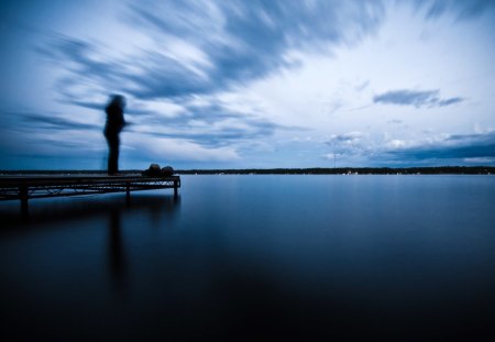 Fishing at Dusk - lake, dock, fisherman, blue, blue sky, sport fishing