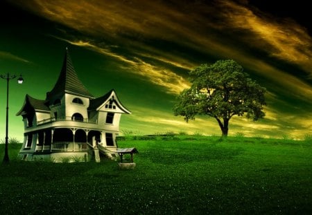 The House - house, fantasy, tree, green