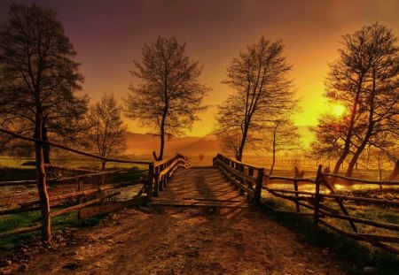 Sunrise - beauty, sky, peaceful, sun, sunset, field, path, road, clouds, golden, bridge, landscape, lovely, nature, pathway, beautiful, splendor, sunrise