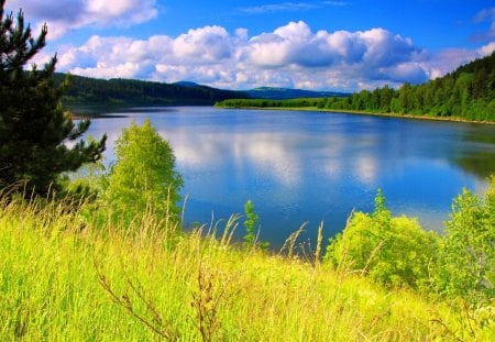 Spring lake - beautiful, grass, view, nature, colorful, tranquility, pretty, water, spring, serenity, blue, lake, sky, reflection, nice, clouds, lovely, calm