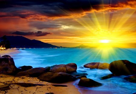 Sea sunset - nice, sky, sunshine, beach, dazzling, sundown, sun, water, colorful, sunset, rocks, amazing, reflection, rays, sands, ocean, sunlight, light, shore, lovely, nature, glow, beautiful, stones, sunrise, sea