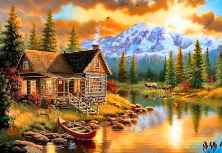 Suburban paradise - nice, cottage, sky, trees, paradise, countryside, water, stream, colorful, creek, painting, amazing, pretty, reflection, calmness, suburban, river, house, boat, mountain, light, summer, shore, lovely, serenity, nature, village, beautiful, cabin, flowers