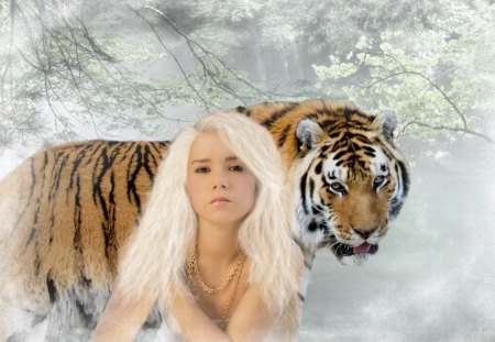 Girl and Tiger - Fantasy, Girl, Tiger, blond