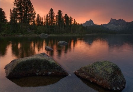 Sunset - sky, lake, trees, clouds, sunset