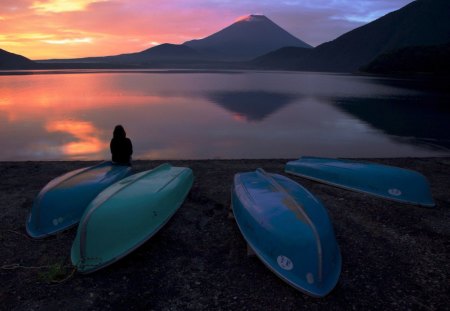 Sunset - sky, lake, boats, clouds, sunset, mountains