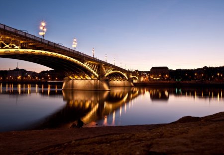 Sunset In Budapest - splendor, city lights, reflection, view, sky, clouds, water, beautiful, city, beauty, lovely, architecture, river, nature, sunset, lights, Budapest, Hungary, peaceful, bridge