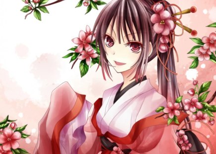 Pretty Flower - nice, female, hot, bloom, anime girl, elegant, brown hair, red eyes, gorgeous, pretty, petals, anime, cute, maiden, lady, sexy, girl, ponytail, long hair, lovely, pony tail, floral, red, blossom, sweet, flower