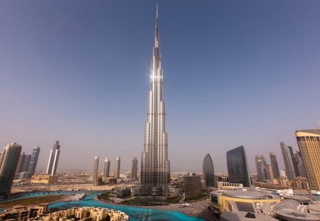 Burj Khalifa Hotel, Dubai, United Arab Emirates - glass, skyscrapers, emirates, hotel, architecture, city, nature, windows, dubai, metal, silver, country, daylight, blue, tall, sky, arab, building, day