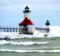 duel lighthouses in rough seas